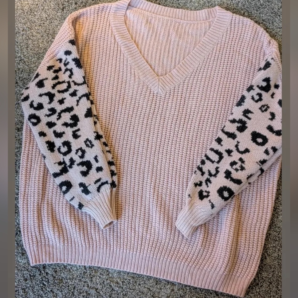 Leopard Sleeve Pink Sweater